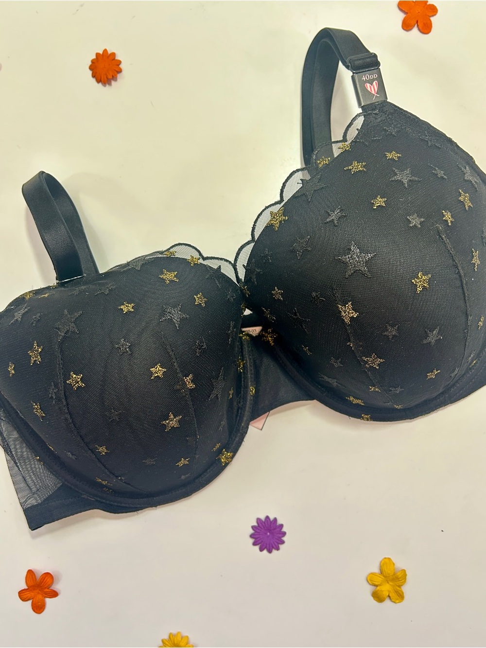 Victoria's Secret Black Lace with Gold Star Embroidery Lined Demi Bra 40DD